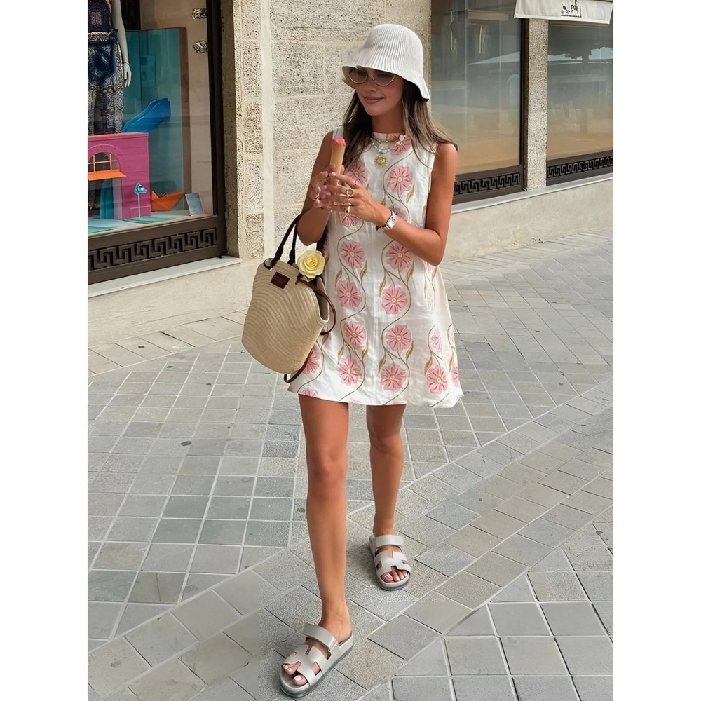 Commense Chic Retro Pink & White Floral Shift Dress Summer Resort Style XS US‎ 2